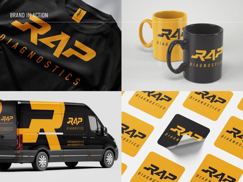 RAP Diagnostics brand identity applied to van livery, business cards and merchandise